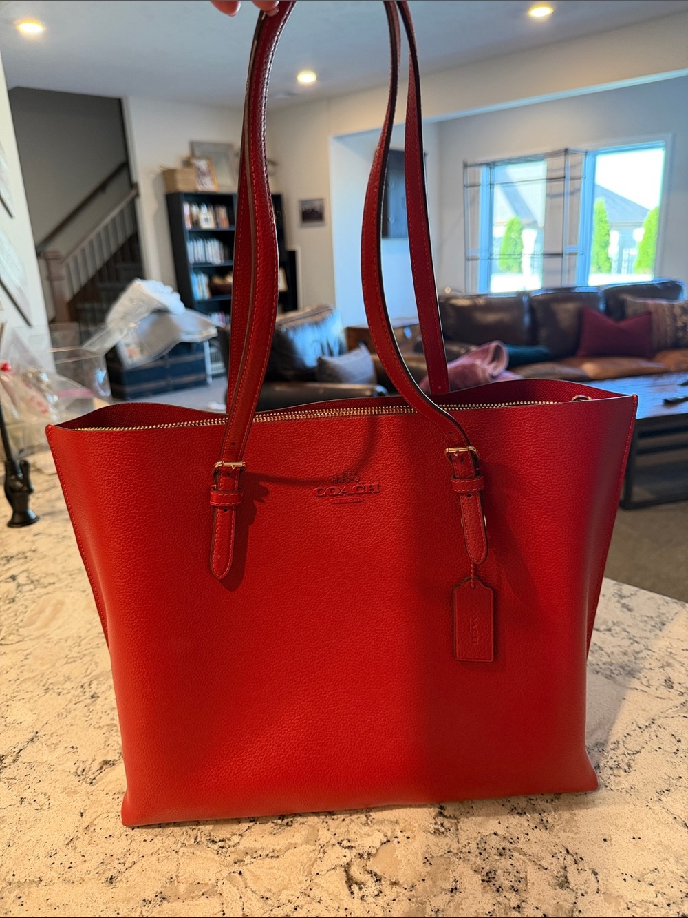 Coach Red Leather Tote - Structured Pebbled Carryall.